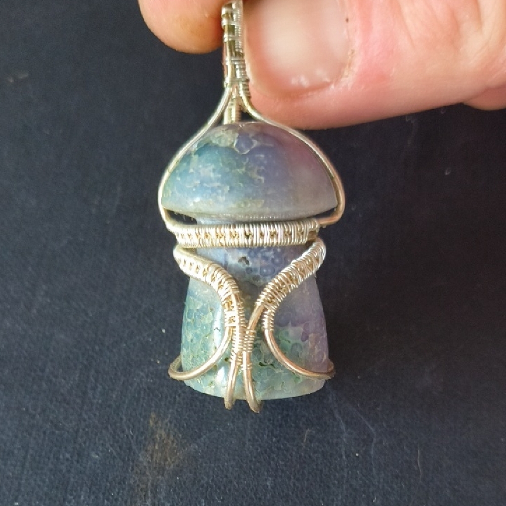 Grape And Green Agate Mushroom Shaped Wire-Wrapped Pendant